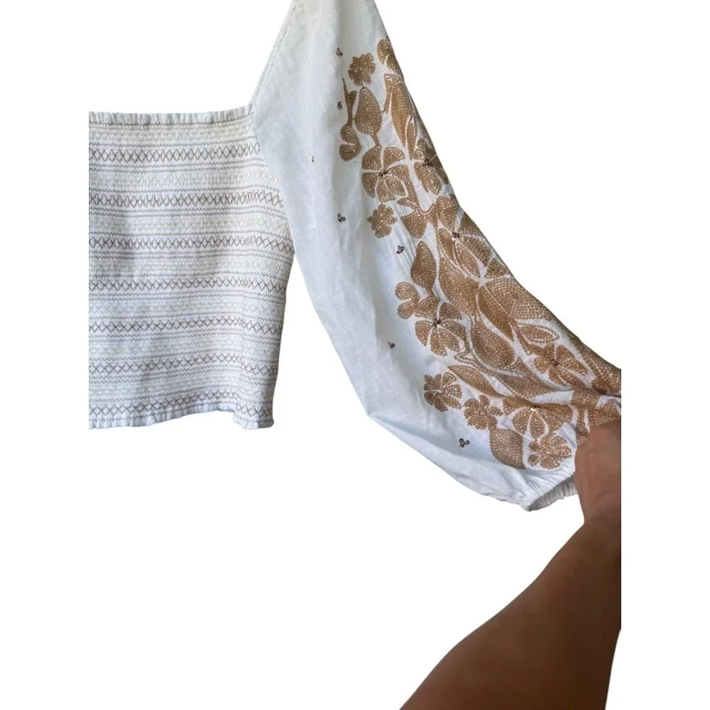 Embroidered Square-Neck White Top with Tan Floral Sleeves